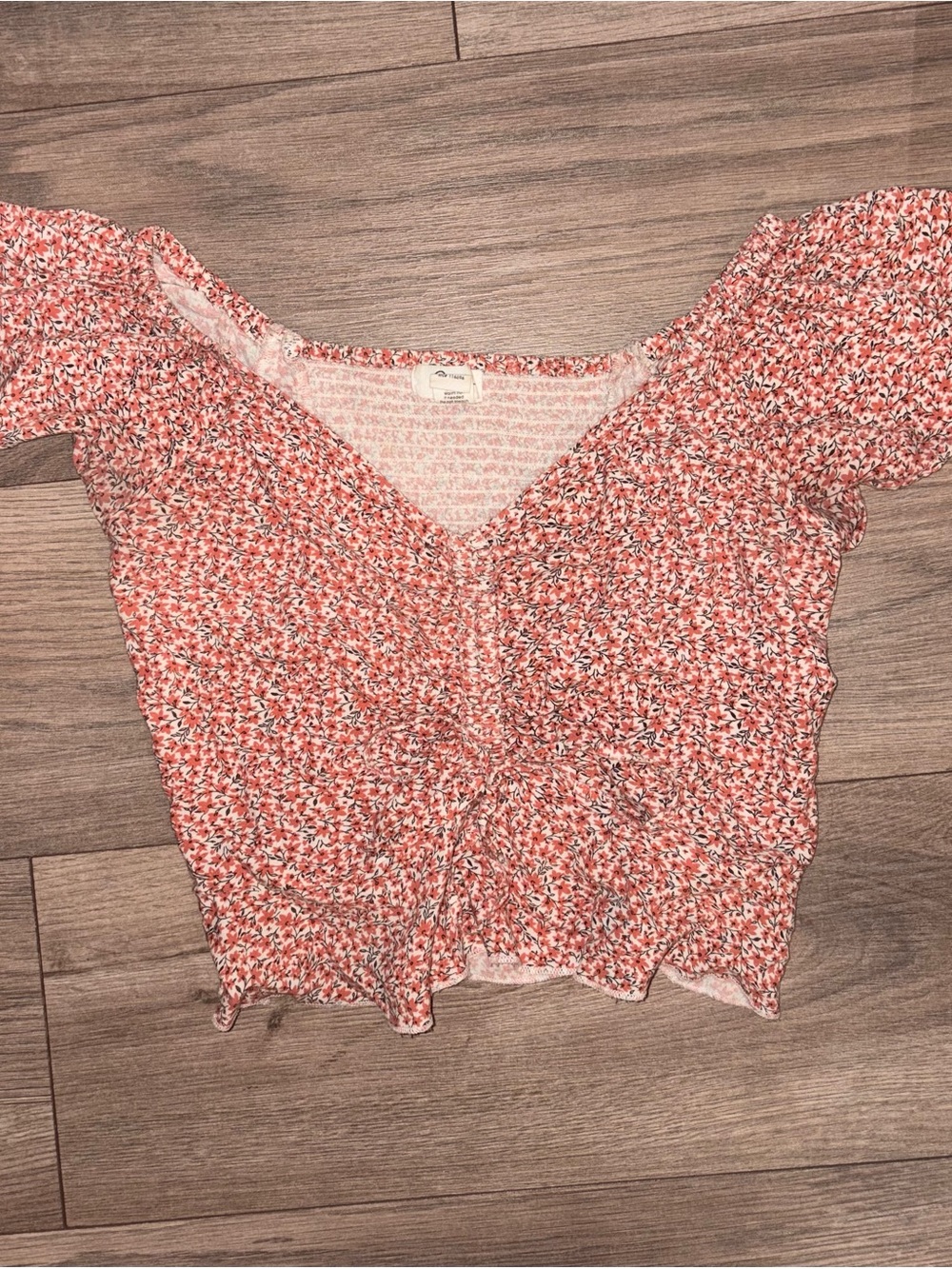 Japna Coral Pink Floral Crop Top with V-Neck